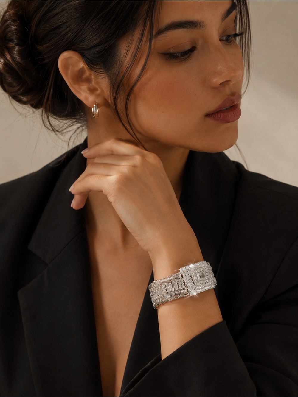 Silver Rhinestone Statement Cuff Bracelet Glam Stretch Wide Bangle